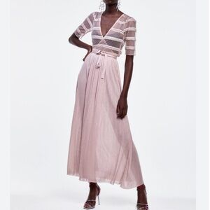 Zara Knit & Lace Wrap Dress Long Blush Pink Semi-Sheer V-Neck Size Small
